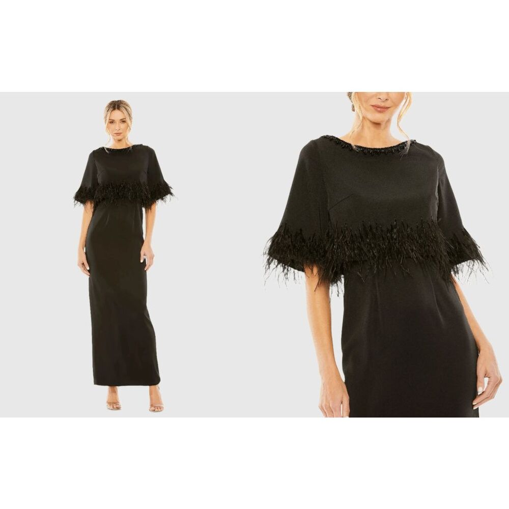 Mac Duggal Black Short Sleeve Feather Detail Crystal Neckline Dress US10 $598